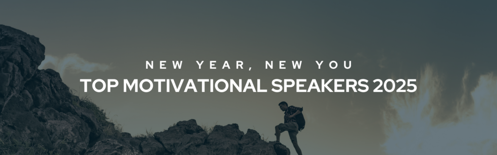 In the background, a man treks a mountainous landscape. In front, large white text reads, "New year new you. Top Motivational Speakers 2025"
