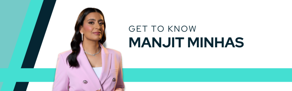 Banner that reads "Get to Know Manjit Minhas" in bold navy-colored text. The background has decorative features in navy and teal. The featured image is of Manjit Minhas wearing a soft pink blazer.