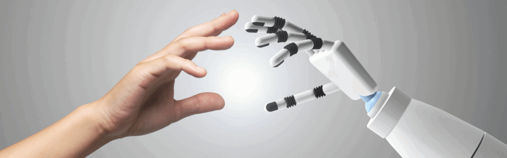 A decorative banner to depict trailblazer speakers in Canada. The image shows a human hand and robot hand reaching out to touch each other in front of an illuminated solid grey backdrop.