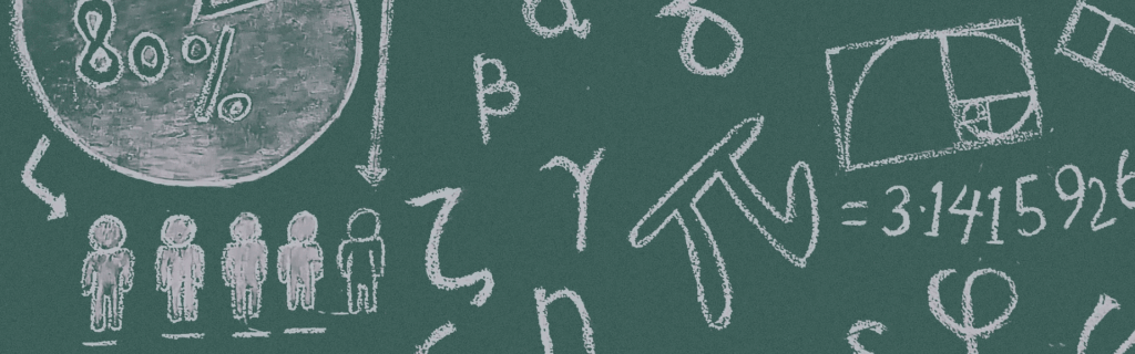 Decorative banner of a green chalkboard with white chalk written all over.