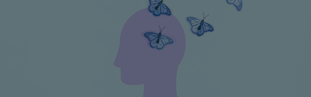 A decorate banner to depict top mental health keynote speakers for suicide prevention day. The image is a silhouette of a person's head with blue butterflies flying away from the top of the head.