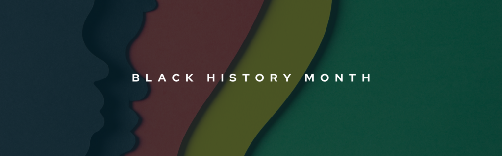 Decorative banner that reads "Black History Month" in white font. The background features red, yellow, and green ribbons. To the left are side-profile silouettes of two faces.