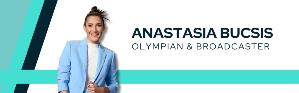 Decorative banner featuring a headshot of Anastasia Bucsis. The title to the right says "Anastasia Bucsis Olympian & Broadcaster".