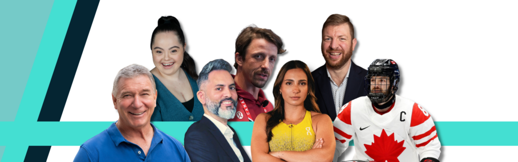 Decorative banner featuring headshots of keynote speakers Rick Hansen, Madison Tevlin, Rayhan Azmat, Josh Dueck, Marissa Papaconstantinou, Matthew Corkum and Tyler McGregor from left to right.