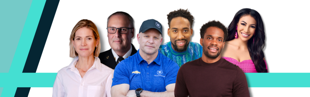 Decorative banner featuring headshots of keynotes speakers Stephanie Case, Jason Brolund, Shaun Peet, Ross Simmonds, Anthony Morgan and Ashley Callingbull from left to right.